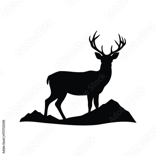 Silhouette of a majestic stag standing proudly on a rocky terrain scene, deer d on hilltop silhouette vector illustration
