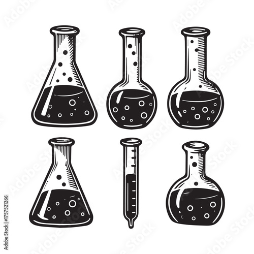 Vintage Scientific Laboratory Glassware Illustration Set Silhouette On White Background.