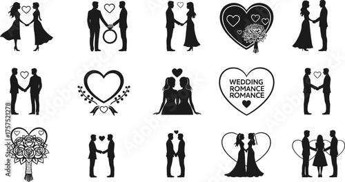Wedding romance couple icon set, love relationship symbols, LGBT marriage equality, romantic vector illustration, valentine and engagement design elements