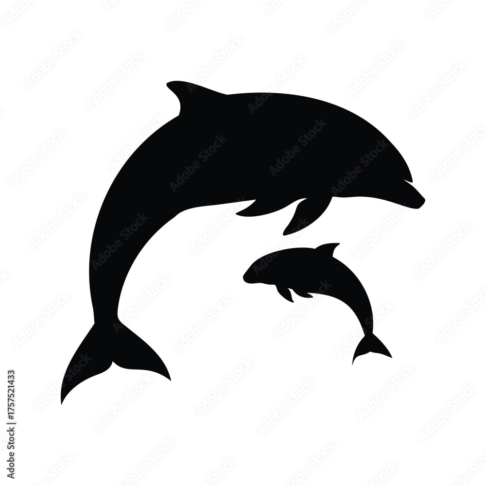 Obraz premium Silhouette of Mother and Baby Dolphin Jumping Gracefully Above the Water, dolphin chasing fish silhouette vector illustration