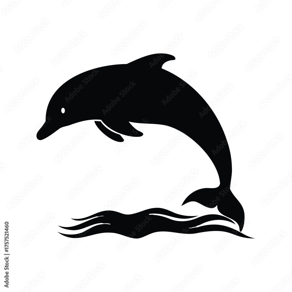Fototapeta premium Elegant black silhouette of a dolphin leaping over stylized waves on white, dolphin diving into ocean silhouette vector illustration
