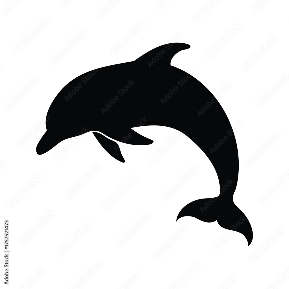 Fototapeta premium Silhouette of a dolphin leaping upwards out of the water against white, dolphin flipping in the air silhouette vector illustration