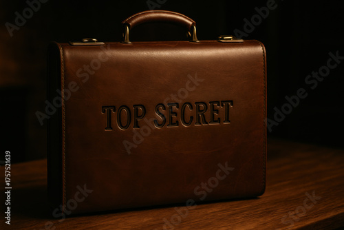 Brown leather briefcase with embossed Top Secret label placed on wooden table, evoking confidential intelligence and mystery in cinematic spy aesthetic