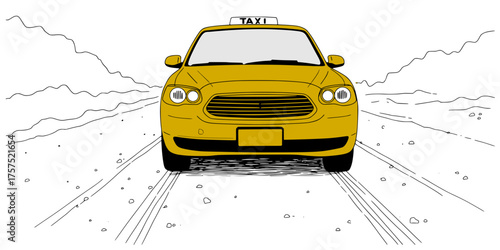 A yellow taxi glides along a snowy road in a winter landscape - Multicolor vector