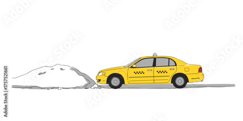 Yellow taxi parked beside a snow pile on empty road - on a neat, cute, multi-layered vector