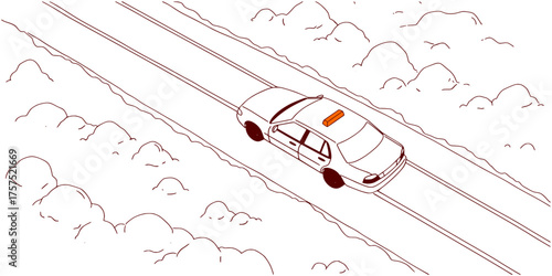 Vector - yellow taxi on snow road driving through a rural landscape