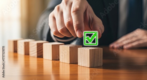 Wooden blocks lined up with hand holding a tick marked block
