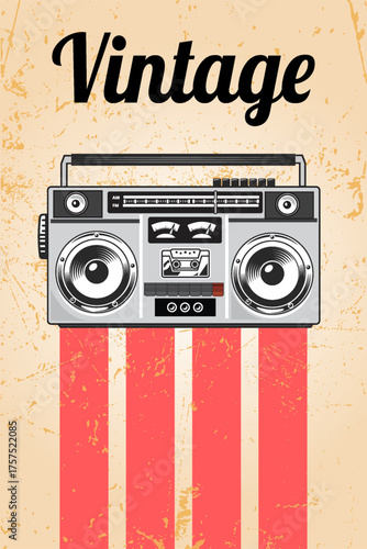 Vintage Boombox Illustration with Retro Stripes and Grunge Texture