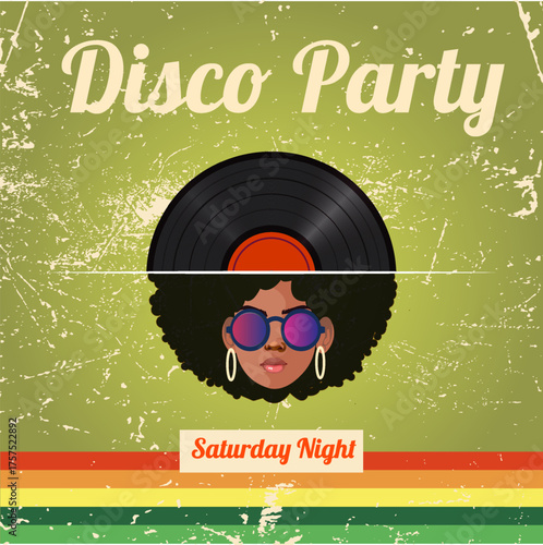 Vintage disco party flyer with afro hairstyle and retro vinyl record design