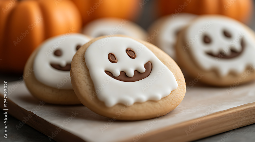 Obraz premium Spooky-cute ghost sugar cookies on a wooden tray, perfect for a Halloween treat. Their delightful expressions and sugary frosting make for a festive dessert!
