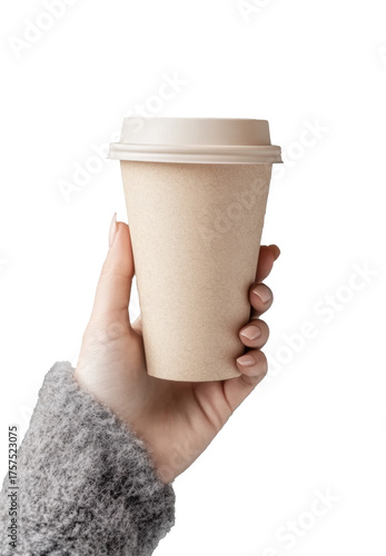 Hand holding a coffee cup on a white background showcasing simple elegance in beverage enjoyment