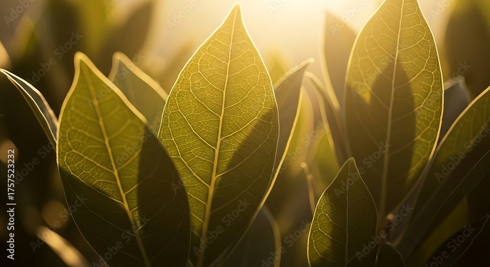 Obraz premium Close Up Green Leaves Sunlit Natural Background