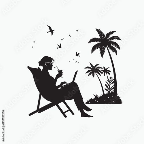 Silhouette of a woman working on a laptop in a beach chair under palm trees with birds flying Keywords: silhouette, woman, beach, laptop, working remotely, vacation, tropical, palm trees, ocean