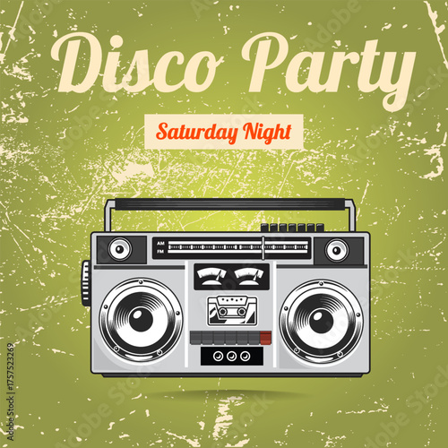 Vintage disco party flyer with retro boombox and neon Saturday night text