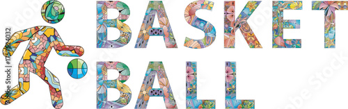 Word BASKETBALL in the style of abstract hand drawing. Letters with ornament