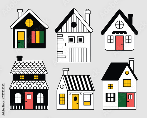 Hand drawn vector set of charming european houses in pastel pink and green colors, ideal for storybook illustrations, greeting cards, home decor designs, and whimsical artwork