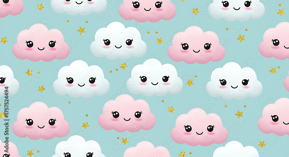 Fototapeta premium Seamless pattern of cute pink and white clouds with smiling faces and small gold stars on a light blue background.