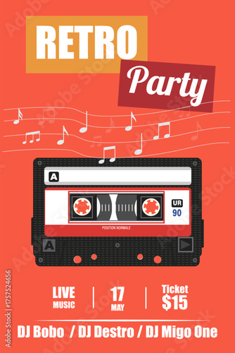 Retro party flyer design with vintage boombox and neon music theme