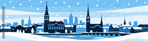 Copenhagen skyline in snowy winter scene illustration