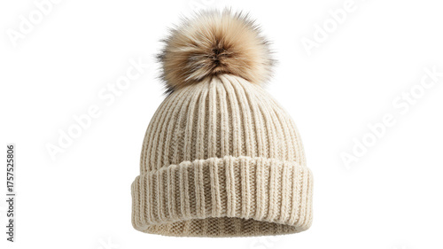 Beige knit beanie with soft ribbed texture and fluffy faux fur pompom isolated on white background