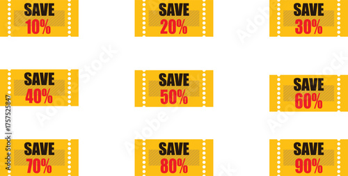 Discount Coupon Set Yellow Ticket , sale banner, voucher, promotion, offer, percentage, save, deal, marketing, shopping, 