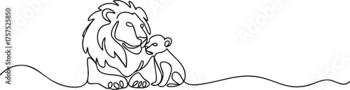 Continuous one line drawing of a lioness with small cubs symbolizing family love, protection, and wildlife in minimalist outline art style