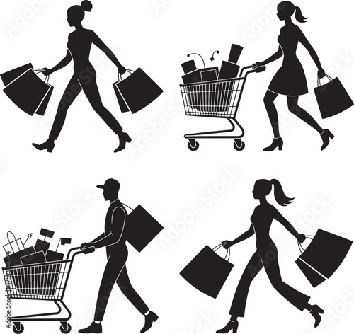 Dynamic shopping silhouettes people with bags and carts captured in motion illustration art royalty free premium quality