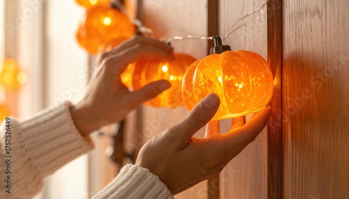 Hands Installing Orange Pumpkin String Light on Wooden Wall for Festive Decoration