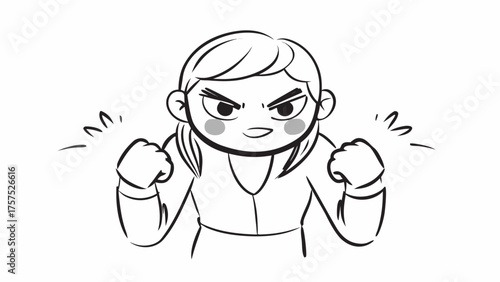 Cartoon illustration of a determined woman with clenched fists, exuding confidence and strength