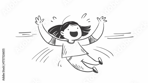 Excited young girl jumping with arms raised in joy and celebration, a moment of pure happiness captured in a sketch