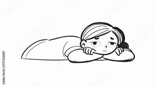 Monochrome vector illustration of a young woman lying down, head on arms, depicting feelings of boredom, exhaustion, or sadness. Cartoon character expressing weariness and lack of motivation