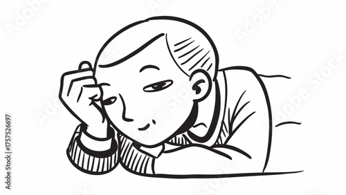 A simple black and white line art illustration of a young boy resting his head on his hand, looking content, relaxed, and thoughtful