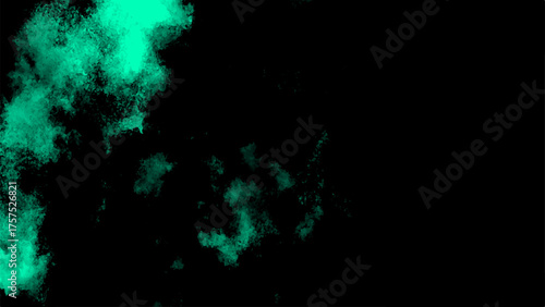 Abstract dark background with vivid turquoise green powder cloud spreading in the air. Soft smoky mist texture with gradient lighting and artistic digital particle dispersion effect.
