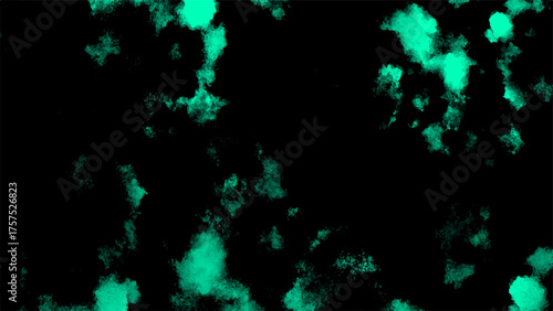 Abstract dark background with vivid turquoise green powder cloud spreading in the air. Soft smoky mist texture with gradient lighting and artistic digital particle dispersion effect.