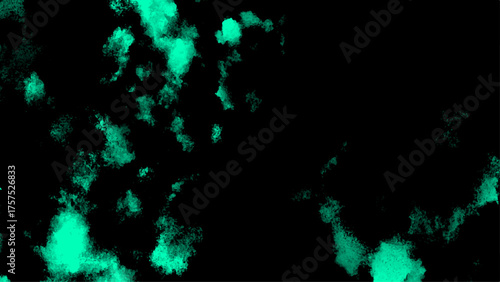 Abstract dark background with vivid turquoise green powder cloud spreading in the air. Soft smoky mist texture with gradient lighting and artistic digital particle dispersion effect.