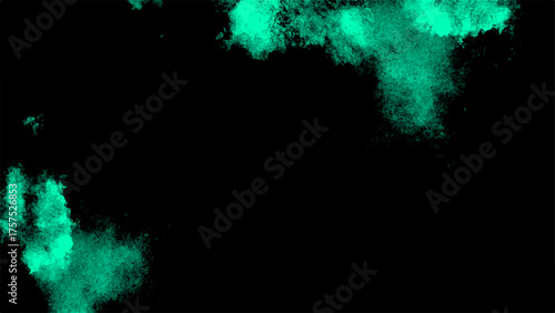 Abstract dark background with vivid turquoise green powder cloud spreading in the air. Soft smoky mist texture with gradient lighting and artistic digital particle dispersion effect.