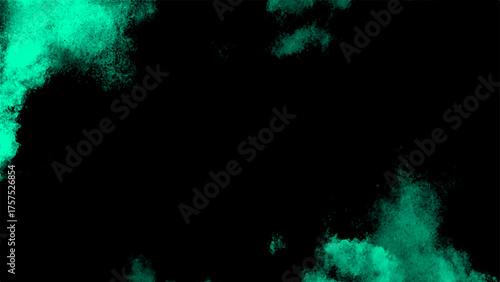 Abstract dark background with vivid turquoise green powder cloud spreading in the air. Soft smoky mist texture with gradient lighting and artistic digital particle dispersion effect.
