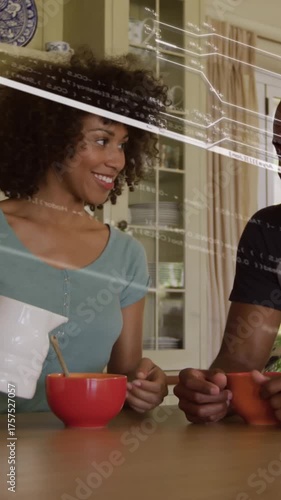 Animation of lines, changing numbers, circuit board pattern, african american couple drinking tea