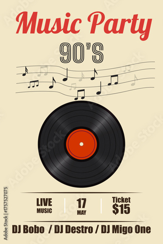 90s music party vinyl record ticket flyer with retro neon lighting