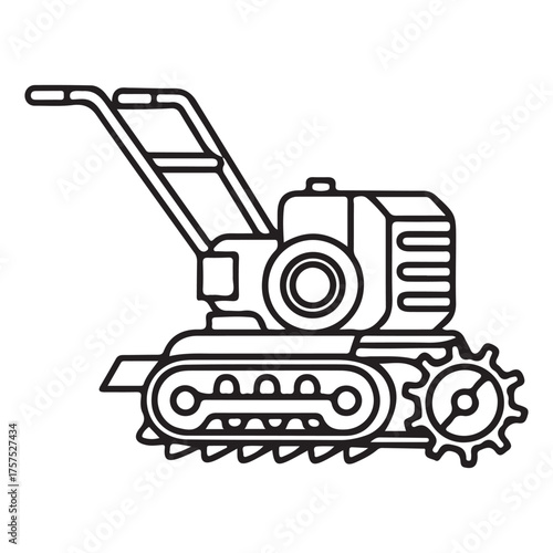 Black and white outline illustration of a rototiller on a white background garden tiller cultivator