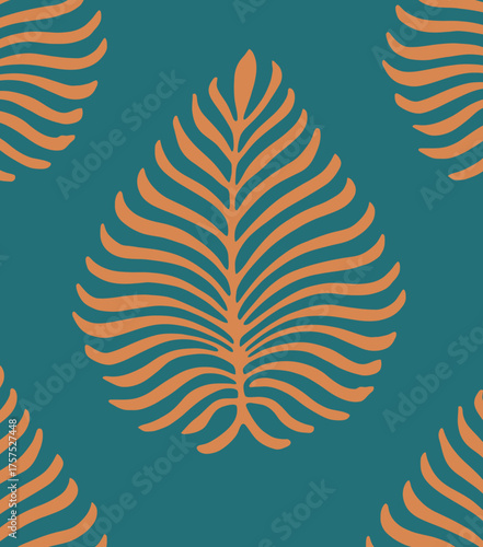 Modern abstract seamless pattern of orange leaf fronds on a textured teal background, perfect for textile design or decorative wallpaper.