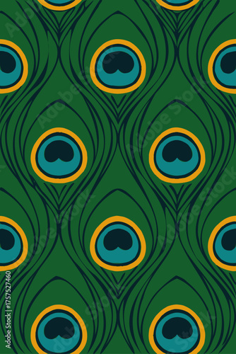 Elegant Peacock Feather Pattern Background with Green, Teal, and Gold Eye Spots, Exotic Bird Plumage Design, Seamless Art Deco Style Wallpaper or Fabric Print