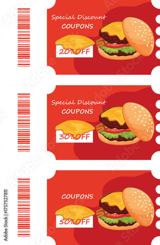 set of red coupon templates with the possibility of getting a discount on a burger, for promotions, discounts