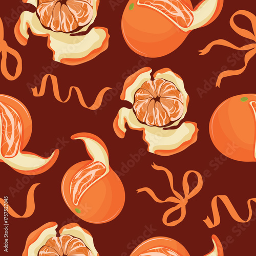 seamless pattern with half-peeled tangerines and orange bows and ribbons on a brown background, for holiday packaging, textiles or other thematic design