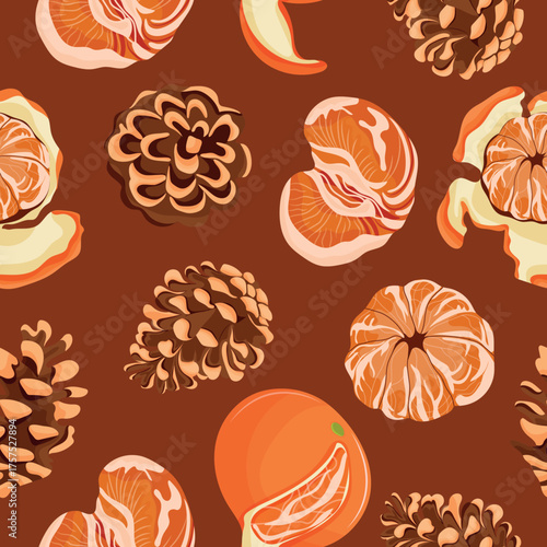 seamless pattern with ripe tangerines and pine cones of different sizes arranged randomly on an orange background, for holiday packaging, textiles or other thematic design