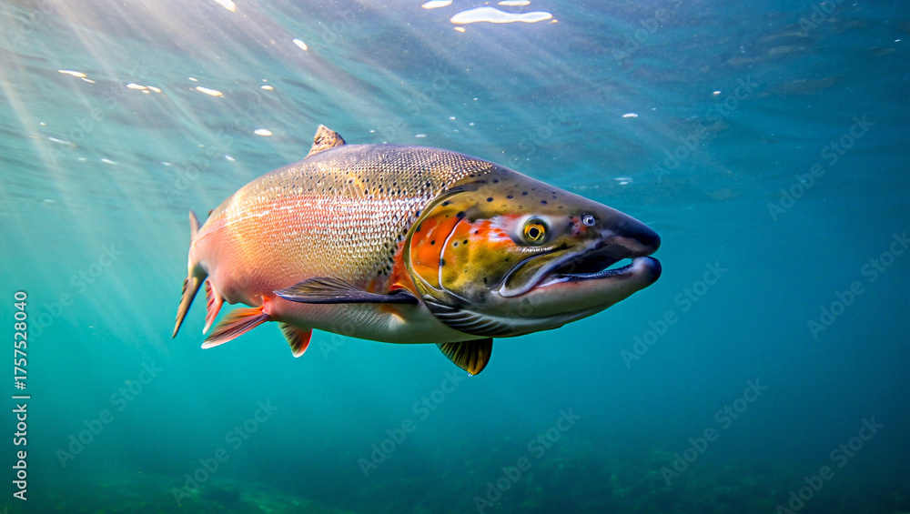 Fototapeta premium Majestic Atlantic Salmon in Spawning Colors Underwater with Sun Rays.