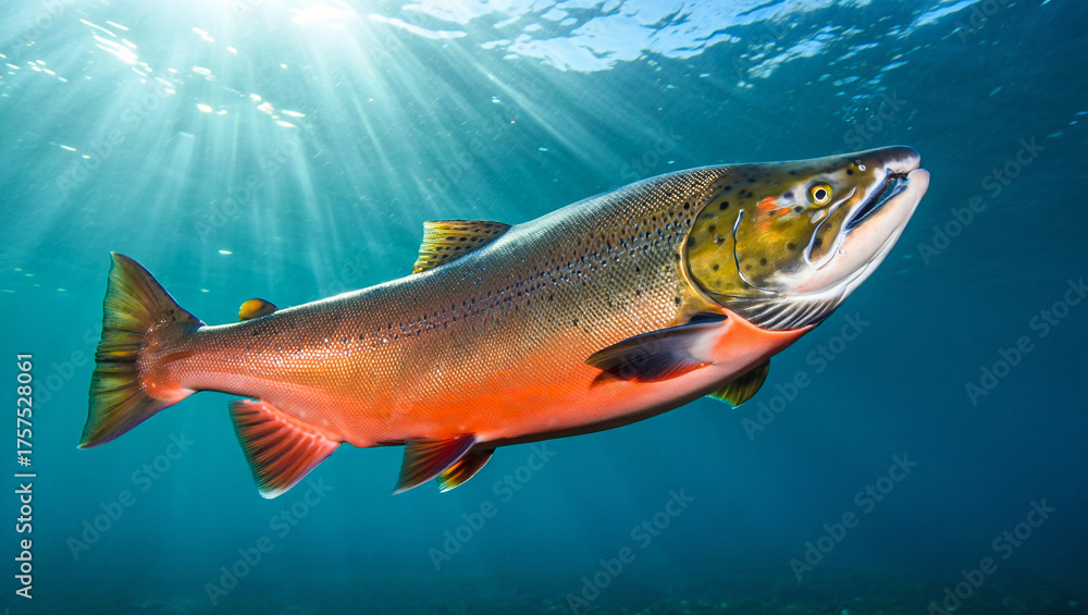 Fototapeta premium Majestic Atlantic Salmon in Spawning Colors Underwater with Sun Rays.