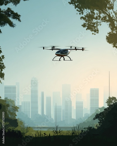 Futuristic drone hovering over cityscape surrounded by lush greenery. Flying taxi, aerial transport, urban mobility, smart city, sustainable transport
