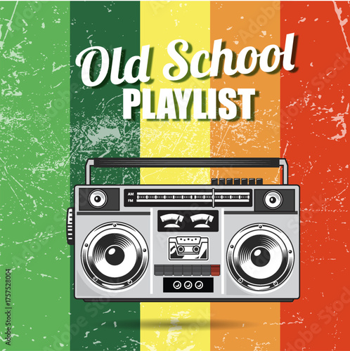 Vintage boombox on retro playlist cover with colorful striped background