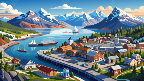Very beautiful wide-angle panoramic aerial view of Whittier cityscape with harbor and port at the head of Passage Canal, Alaska, USA, featuring snow-covered mountains, coastal waters, and charming 